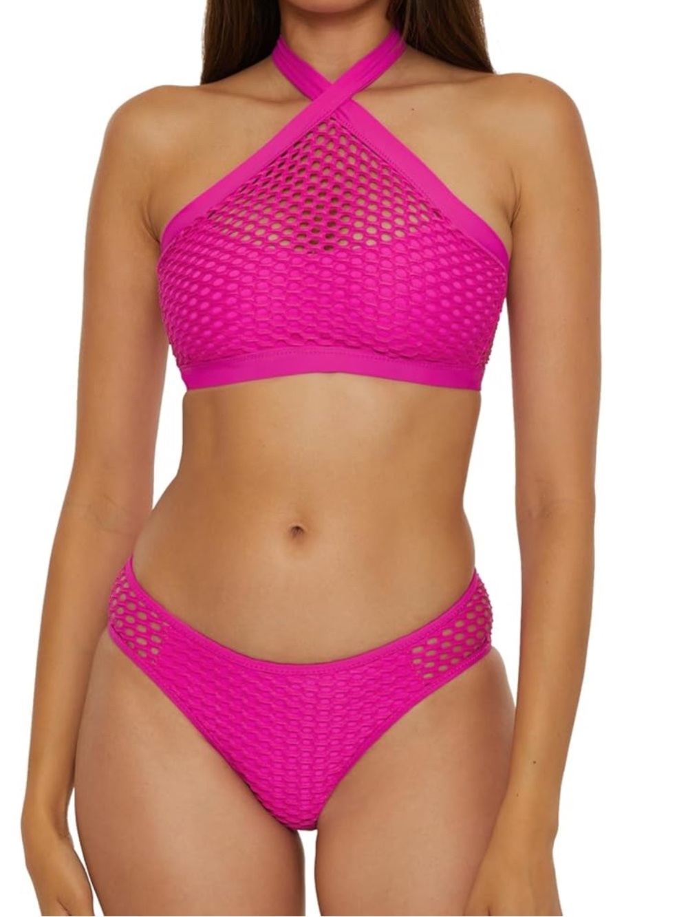 BECCA NWT Pink Mesh Fishnet Bikini Set D Cup Top Medium Bottoms